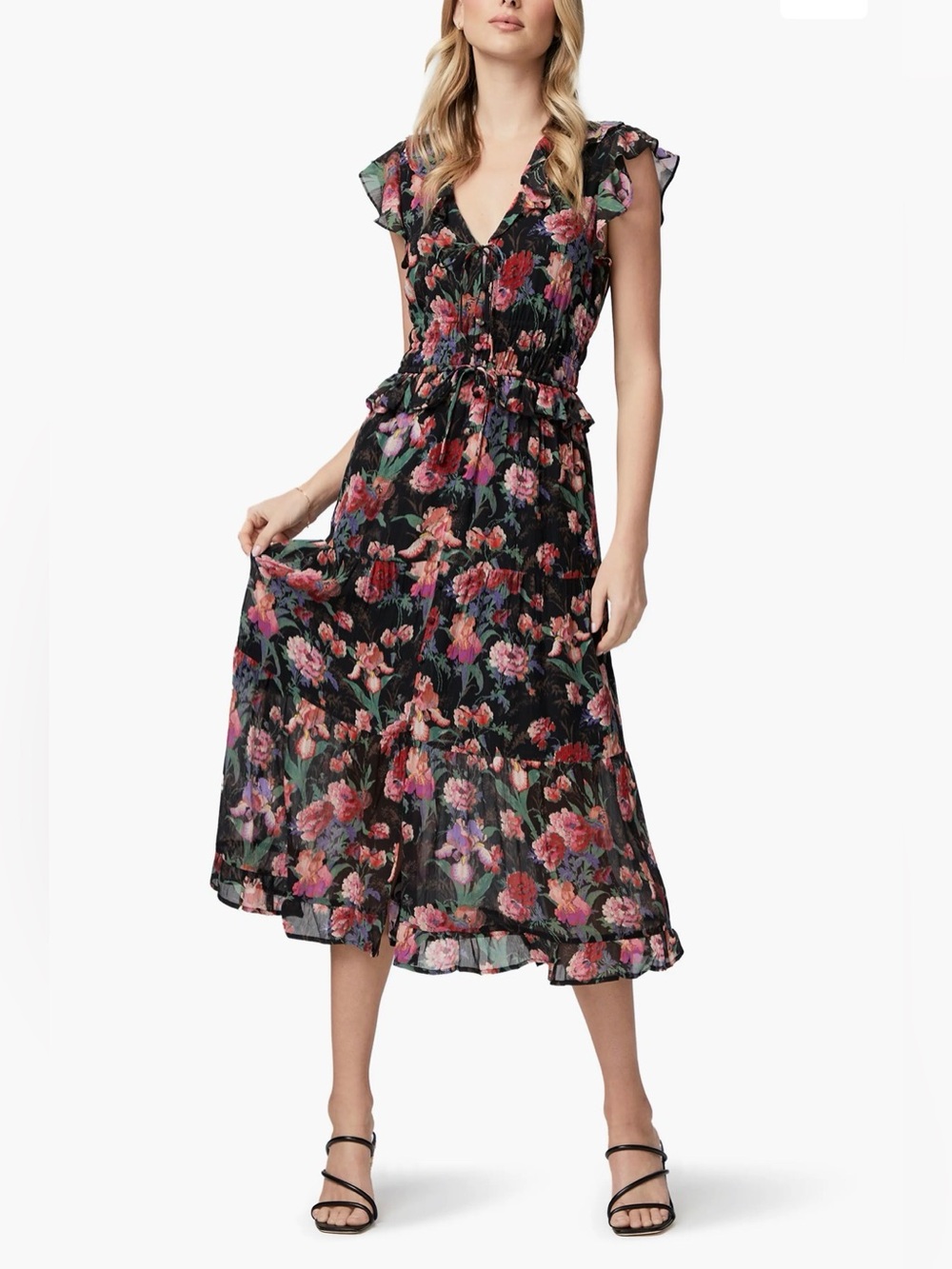 PAIGE Paradise Black Floral V-Neck Midi Dress